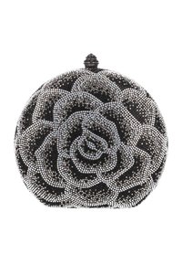 Zwart-zilveren handtas met kralen, in de vorm van een roos, met een ronde vorm, een ingewikkeld bloemmotief en een sierlijke sluiting aan de bovenkant.