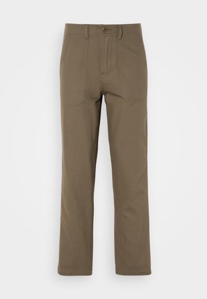 Khaki cotton pants with a straight-leg design, featuring two front pockets, a button closure, and a smooth texture.