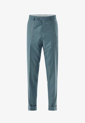 Light blue, tailored chinos made of textured fabric, featuring a button closure, belt loops, and rolled cuffs for a cropped finish.