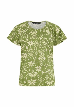 Top verde de manga corta con cuello redondo y patrones florales y geométricos blancos, hecho de tela texturizada.