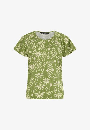 Grünes kurzärmeliges Oberteil mit Rundhalsausschnitt und weißen Blumen- und geometrischen Mustern, hergestellt aus strukturiertem Stoff.