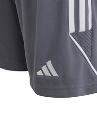 Graue Sportshorts aus synthetischem Material, mit drei weißen Streifen, Netzbesätzen und einem gestickten Logo.