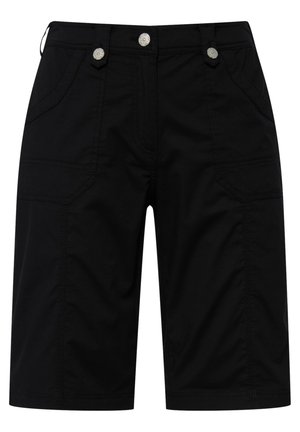 Černé šortky vyrobené z odolné látky, které mají dvě přední kapsy, dvě zadní kapsy a stříbrné knoflíky na zapínání. Hladký povrch, délka po kolena.