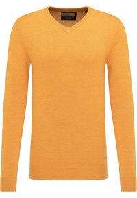 V-ringad långärmad tröja i klargul färg, tillverkad av mjukt stickat material. Funktioner med ribbade mudd och fåll, med minimal varumärkesdetalj.