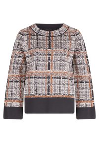 Knitted pullover in a checkered pattern with gray, orange, and black hues. Features a round neckline and long sleeves. Soft texture.