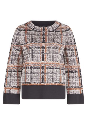 Pullover lavorato a maglia con un motivo a quadri in tonalità di grigio, arancio e nero. Presenta un collo rotondo e maniche lunghe. Texture morbida.