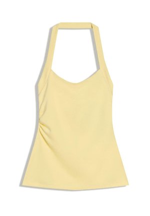 Pale yellow halter top with a fitted waist and slight ruching on the left side, displayed flat on a white background.