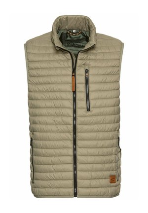 Lichte beige puffer vest met een doorstikt ontwerp, opstaande kraag, voorkeursrits en twee zijzakken. Voorzien van een oranje ritstrekkertje en logo patch.