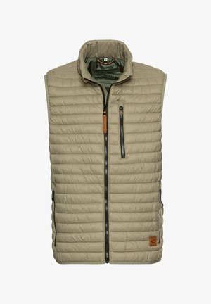 Letvægts beige puffer vest med quiltet design, ståkrave, lynlås foran og to sidelommer. Har orange lynlåstræk og logo patch.