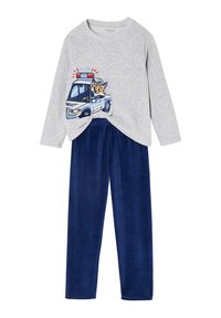 Graues Langarmshirt mit Grafik eines Polizeiautos; marineblaue Fleece-Schlafanzughose mit elastischem Bund.