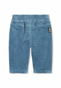 Shorts en velours côtelé bleus avec une taille élastique. Texture côtelée et un petit patch logo Timberland sur le côté gauche.