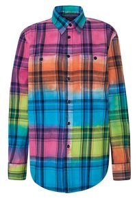 Monivärinen ruudullinen paita puuvillakankaasta. Ominaisuuksiin kuuluu napit, kauluspanta ja kaksi rintataskua. Värit sisältävät vaaleanpunaisen, oranssin, sinisen ja vihreän.