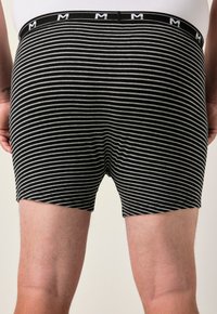 Boxer shorts a strisce nere e grigie con una texture liscia e una cintura prominente con un logo. Gambe scoperte e nessun ulteriore dettaglio.