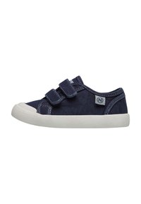 Navy blue canvas shoes with white rubber soles, featuring two adjustable Velcro straps and contrasting white stitching details.