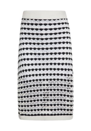 Gonna in maglia con righe alternate in bianco e nero, caratterizzata da un motivo testurizzato di punti e accenti in pizzo sul tessuto. Vita elasticizzata.