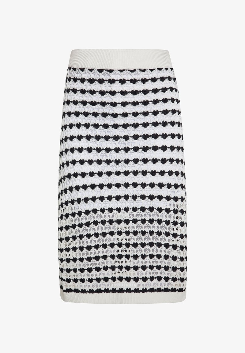 Strickrock mit abwechselnd schwarzen und weißen Streifen, ausgestattet mit einem strukturierten Muster aus Punkten und spitzenakzentuierten Elementen auf dem Stoff. Elastischer Bund.