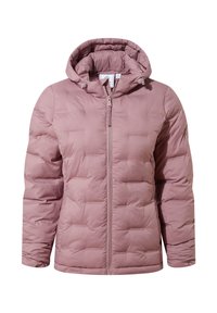 Padded hooded jacket in soft blush pink. Features a front zipper, quilted design, and adjustable hood drawstring for warmth and comfort.