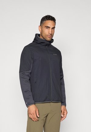 Veste noire zippée avec capuche, en matière lisse et légère, dotée de deux poches latérales et d'accents gris sur les manches.