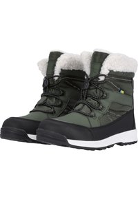 Grüne wasserdichte Winterstiefel mit Kunstfellfutter, einer schwarzen Gummisohle, verstellbaren Schnürsenkeln und seitlichen Steppdetails.
