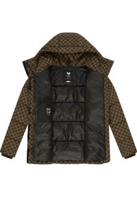 Rudas houndstooth raštas švarkas su juodu paminkštintu viduje, turi gobtuvą ir priekinės kišenes. Strukturizuota medžiaga su ryškiai matomu siuvimu.