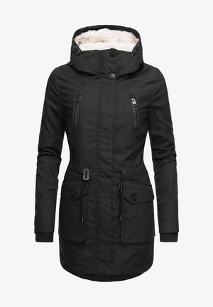 Schwarze Parkajacke mit einer Kapuze aus Kunstfell, zwei mit Reißverschluss versehenen Brusttaschen, großen Vordertaschen und einer verstellbaren Zugkordel in der Taille.