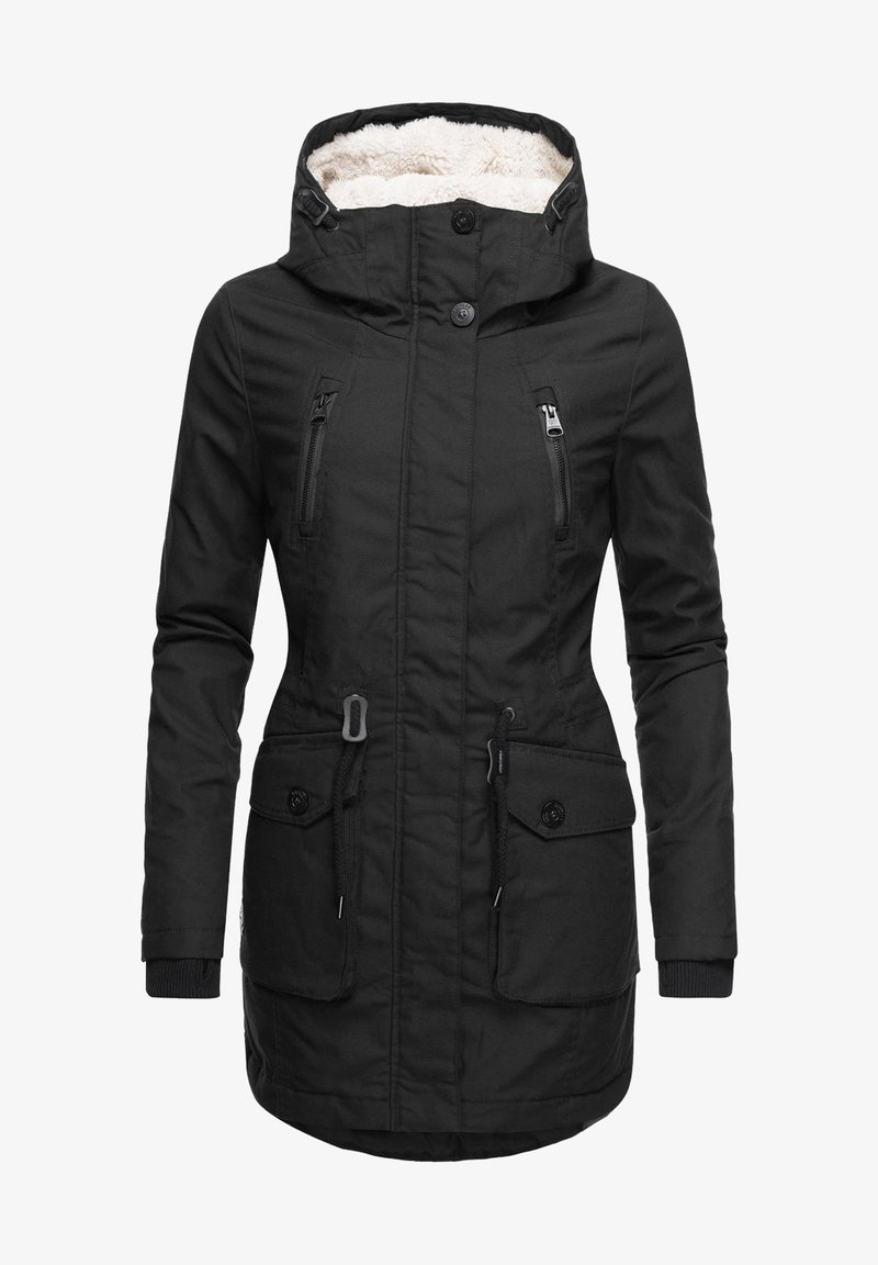 Schwarze Parkajacke mit einer Kapuze aus Kunstfell, zwei mit Reißverschluss versehenen Brusttaschen, großen Vordertaschen und einer verstellbaren Zugkordel in der Taille.