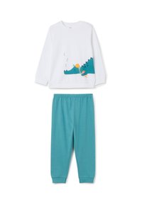 Camiseta blanca de manga larga para niños con estampado de cocodrilo durmiendo y juguetes, combinada con pantalones de cintura elástica en color verde azulado.