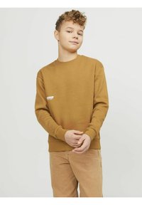 Sudadera marrón con cuello redondo y puños acanalados, que presenta un pequeño logotipo gráfico blanco en el pecho, combinada con pantalones beige claros.