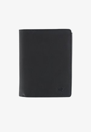 Portafoglio in pelle nera con texture liscia, design a due ante e dettaglio del logo in rilievo nell'angolo in basso a destra.