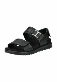 Zwarte leren sandalen met gesp en klittenband, open te ontwerp, textuurvoetbed en rubberen zool met profiel.