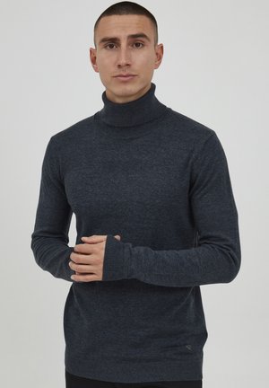 Dunkelgrauer Rollkragenpullover aus einem weichen Strickmaterial. Verfügt über lange Ärmel mit gerippten Bündchen und einem dezenten Logo-Detail am Saum.