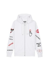 Felpa bianca con zip, decorata con un grafico di una mano che tiene un cuore, labbra e frasi in rosso sulle maniche, oltre a tasche a marsupio anteriori.