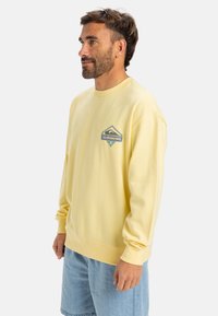 Yellow crewneck sweatshirt made of soft fabric, featuring a colorful mountain logo on the left chest. Casual fit, ribbed cuffs and hem.