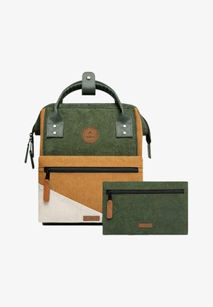 Green and tan corduroy backpack with leather accents, featuring a front zip pocket and a small matching pouch with a zip closure.