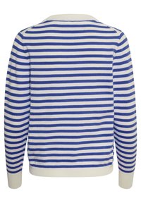 Sweter w paski z białymi i niebieskimi poziomymi pasami, prążkowanym dekoltem i mankietami. Miękka tkanina, okrągły dół i długie rękawy.