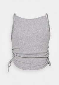 Top grigio senza maniche con un tessuto leggermente testurizzato, caratterizzato da lati arricciati con lacci regolabili per una vestibilità personalizzabile.