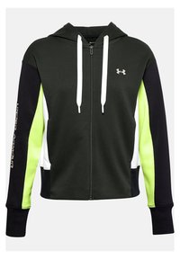 Sudadera con cremallera en negro y verde, con cordones blancos, que presenta un diseño en bloques de color y el texto "Under Armour" en la manga. Tejido suave.