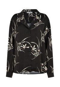 Black button-up shirt with a floral pattern in white and red, made of a smooth fabric, featuring a collar and long sleeves.