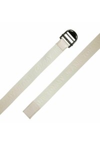 Cintura in tela bianca con il testo "TOMMY JEANS" in rilievo, completata da una fibbia in metallo di tonalità argentata e un'etichetta in pelle beige chiaro.