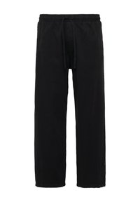 Schwarze, lässige Pants aus weichem Stoff, mit einem elastischen Taillenbund und Kordelzug, großzügigem Beinschnitt und einem schlichten Design.