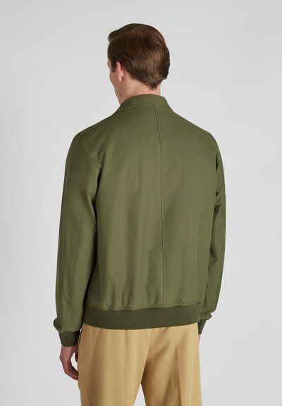 Olive green bomber jacket with a smooth, lightweight fabric. Features a banded hem and cuffs, standing collar, and a plain back design.
