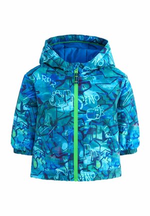 Veste à capuche pour enfants bleu avec fermeture éclair verte, motif dinosaure et poignets élastiques.