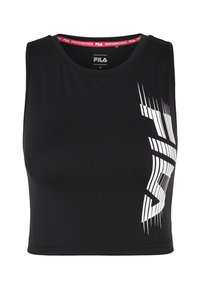 Top corto negro hecho de una tela suave, con un diseño abstracto blanco en el lateral y un logo rojo de FILA en el interior del escote.