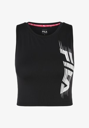 Svart kort tanktopp i slät tyg, med en vit abstrakt design på sidan och en röd FILA-logotyp på insidan av halsringningen.