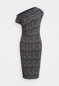 Tumši zili vienpusēji kleita ar krēmkrāsas paisley rakstu. Slim fit, līdz ceļiem garums ar gludu auduma struktūru.