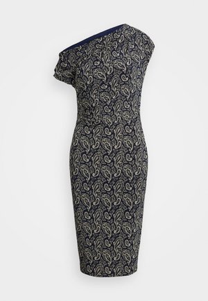 Navyblauwe one-shoulder jurk met een paisleypatroon in crème. Slank figuur, knielange ontwerp met een zachte stoftextuur.