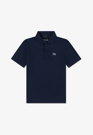 Polo bleu marine en tissu texturé, avec une patte de boutonnage à trois boutons et un logo Lacoste vert sur la poitrine gauche. Manches courtes.