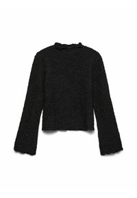 Zwarte lange mouwen textuur top met subtiele gerimpelde randen aan de kraag, manchetten en zoom, plat uitgestald op een witte achtergrond.