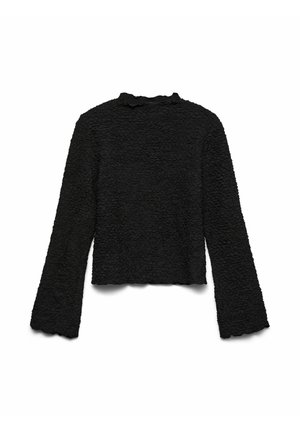 Top nero a maniche lunghe con trama, con sottili bordi arricciati su colletto, polsini e orlo, mostrato disteso su uno sfondo bianco.