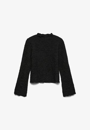 Mustast pikast varrukast tekstuurse topiga, millel on kaelusel, varrukaservades ja allääres õrnad volangid, serveeritud lamedalt valgel taustal.